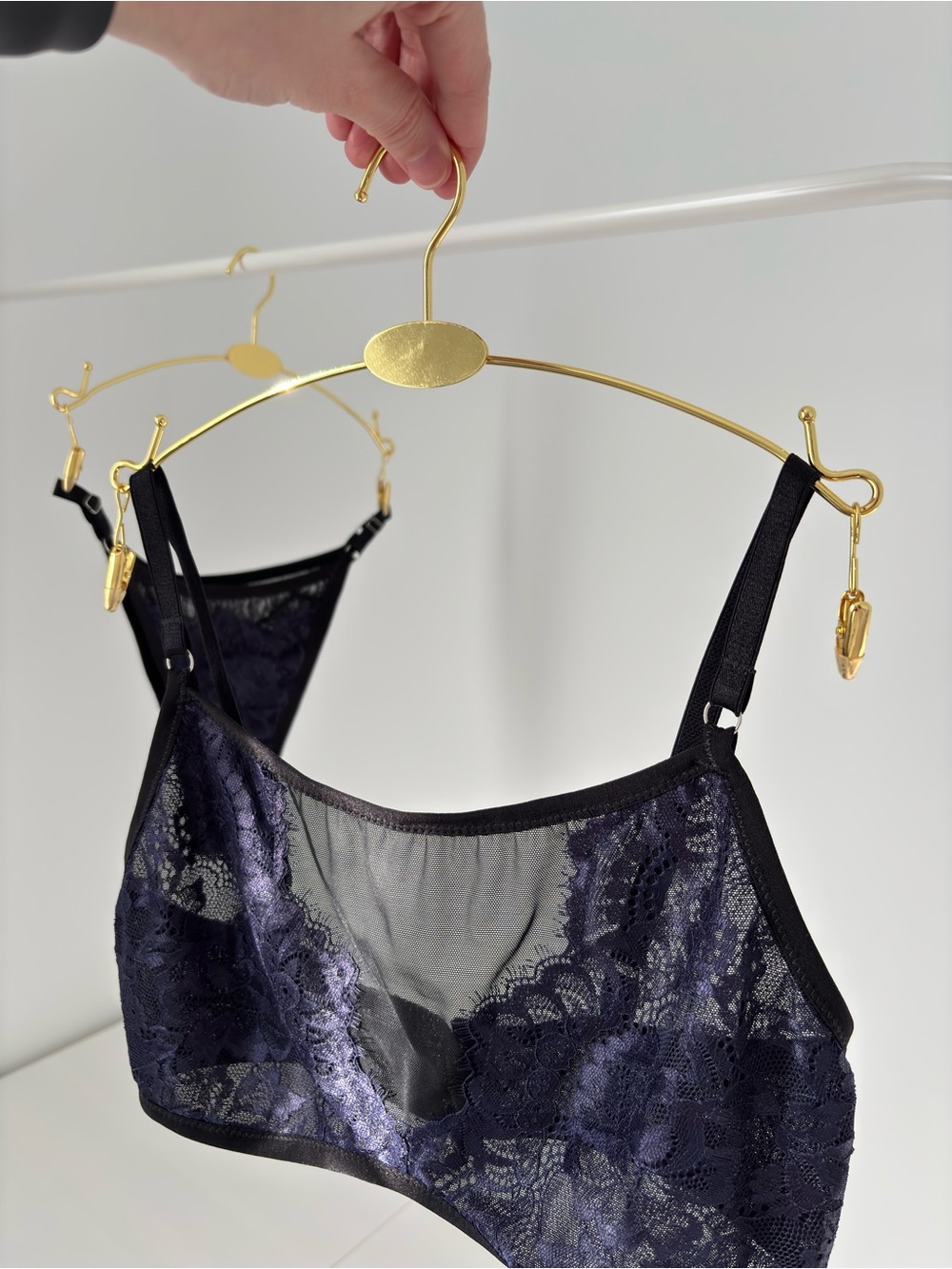 Blue Lace & Black Mesh Bralette & Strapped Bikini Panties • Lingerie Set - Picture 3 of 6
